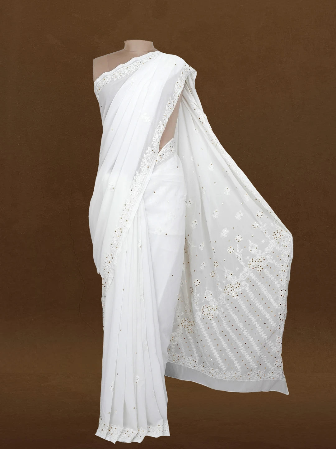 Ada Hand Embroidered White Georgette Lucknowi Chikankari Saree/Blouse With Muqaish Work 01A218454