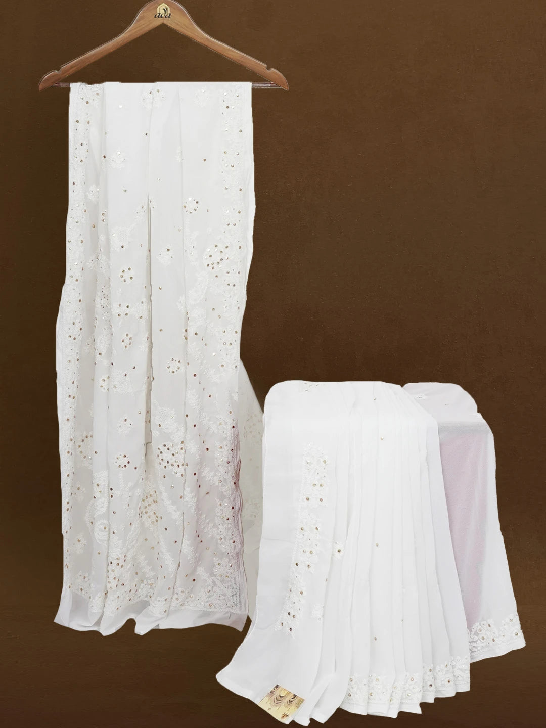 Ada Hand Embroidered White Georgette Lucknowi Chikankari Saree/Blouse With Muqaish Work 01A218454
