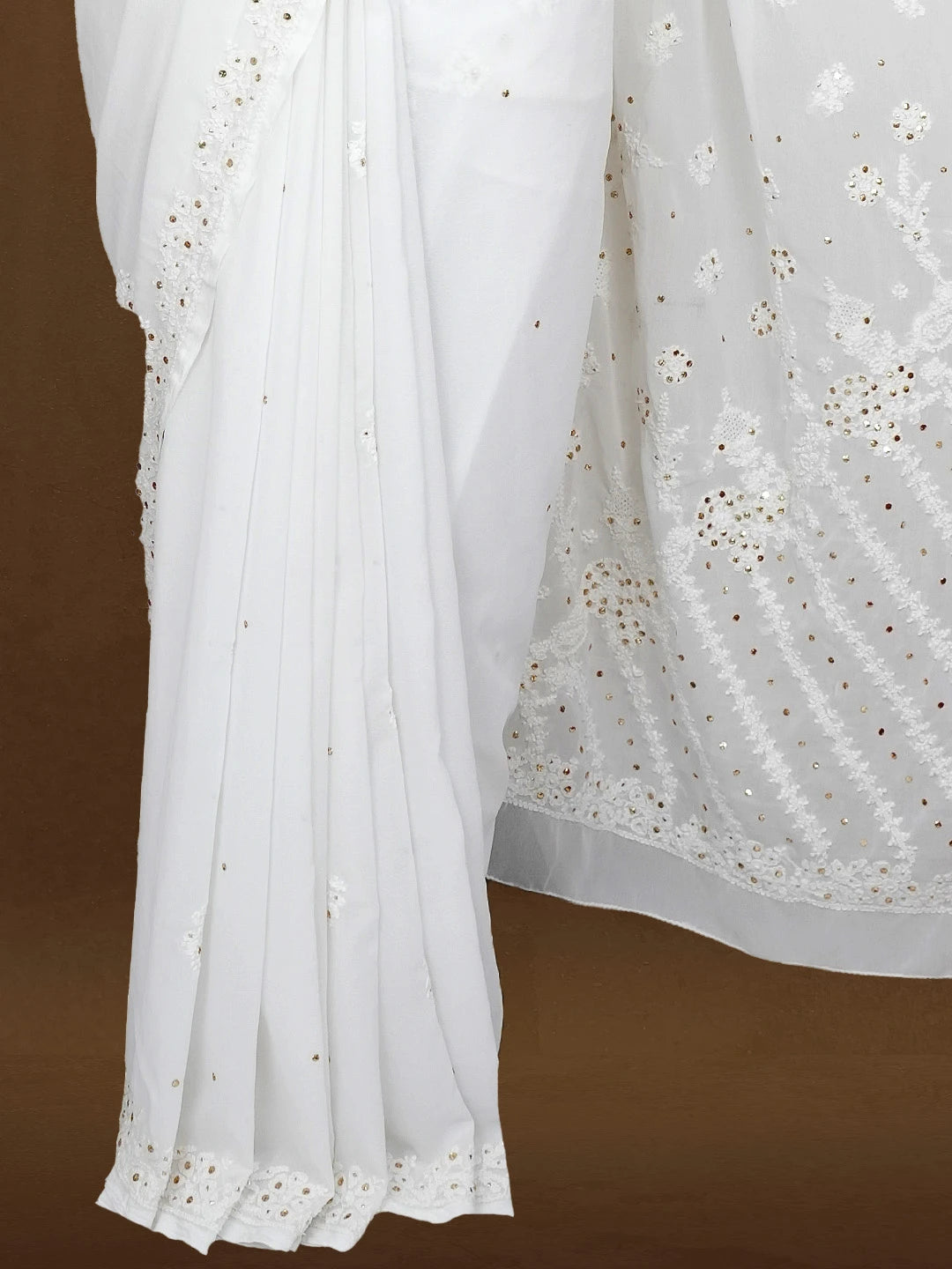 Ada Hand Embroidered White Georgette Lucknowi Chikankari Saree/Blouse With Muqaish Work 01A218454