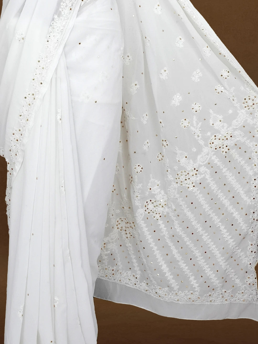 Ada Hand Embroidered White Georgette Lucknowi Chikankari Saree/Blouse With Muqaish Work 01A218454
