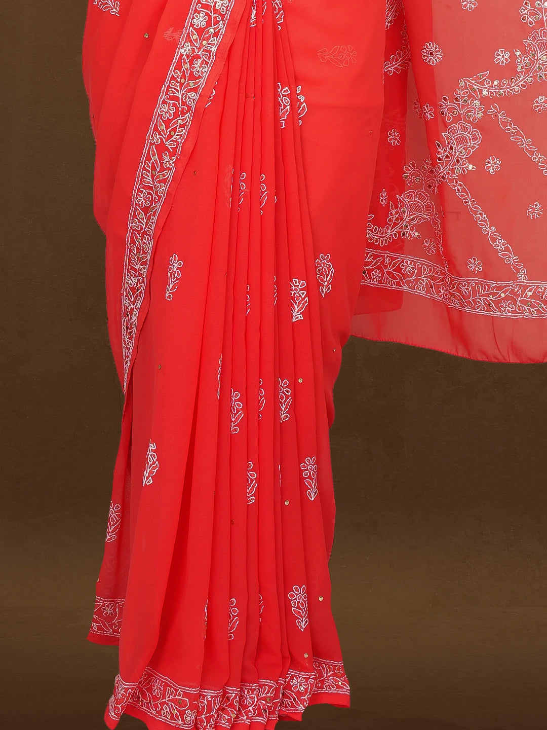 Ada Hand Embroidered Coral Red Faux Georgette Lucknowi Chikankari Saree and Blouse With Muqaish Work 01A98900