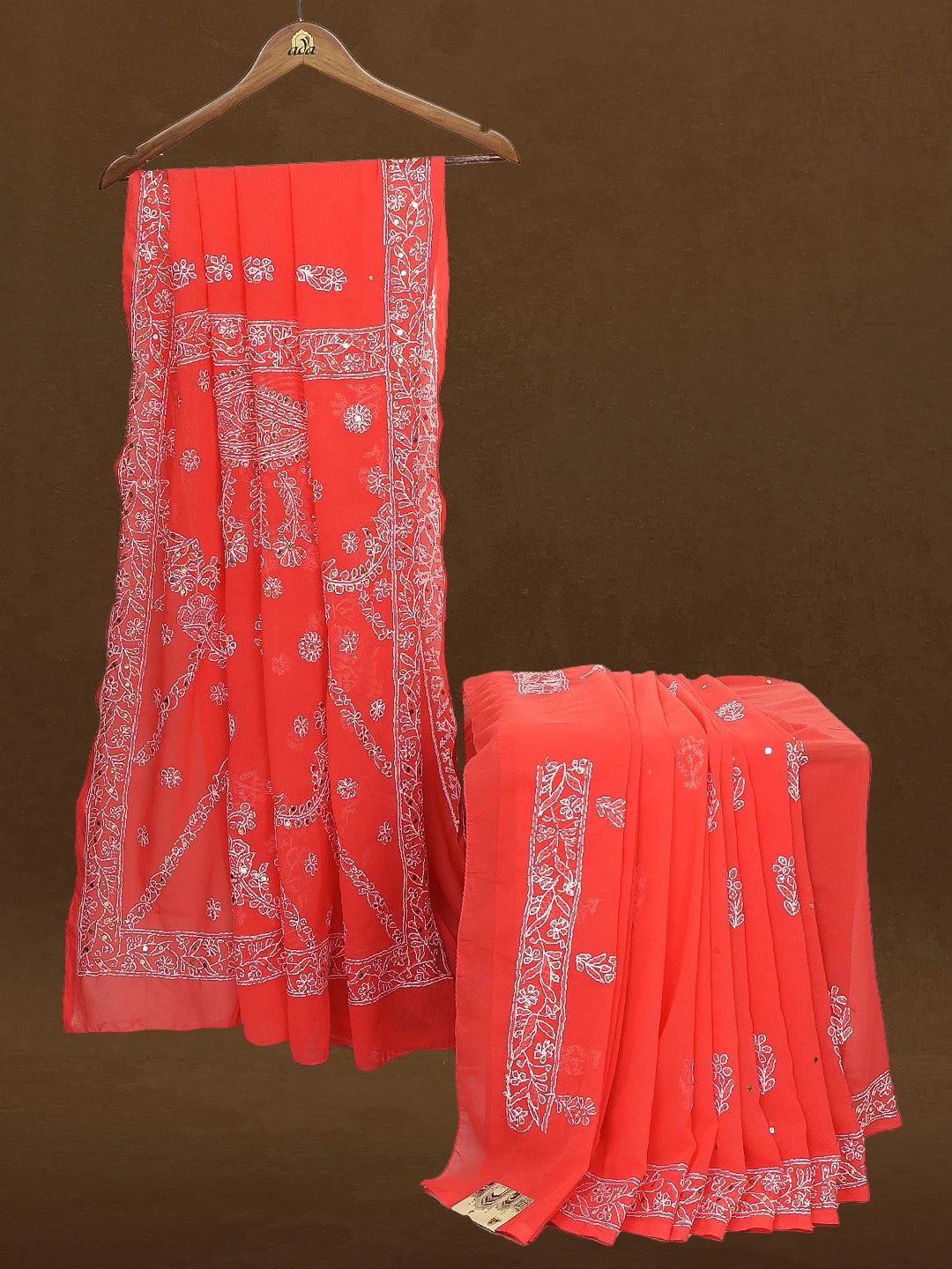 Ada Hand Embroidered Coral Red Faux Georgette Lucknowi Chikankari Saree and Blouse With Muqaish Work 01A98900
