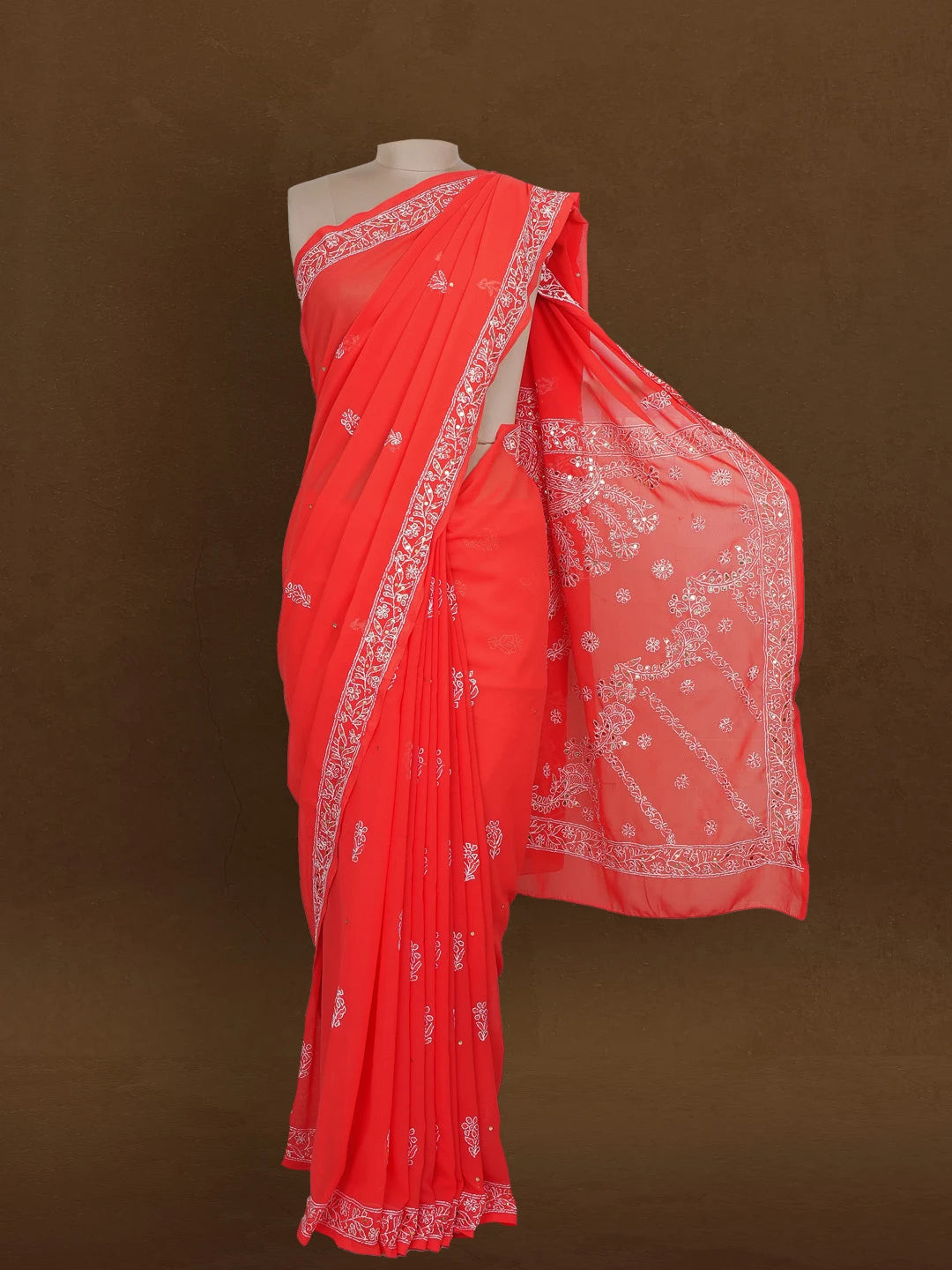 Ada Hand Embroidered Coral Red Faux Georgette Lucknowi Chikankari Saree and Blouse With Muqaish Work 01A98900