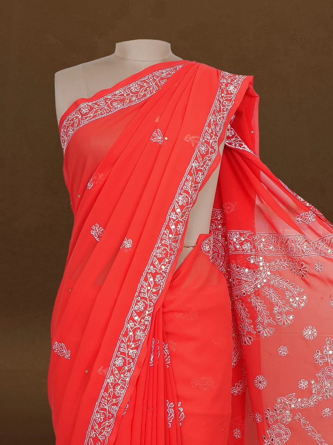 Ada Hand Embroidered Coral Red Faux Georgette Lucknowi Chikankari Saree and Blouse With Muqaish Work 01A98900