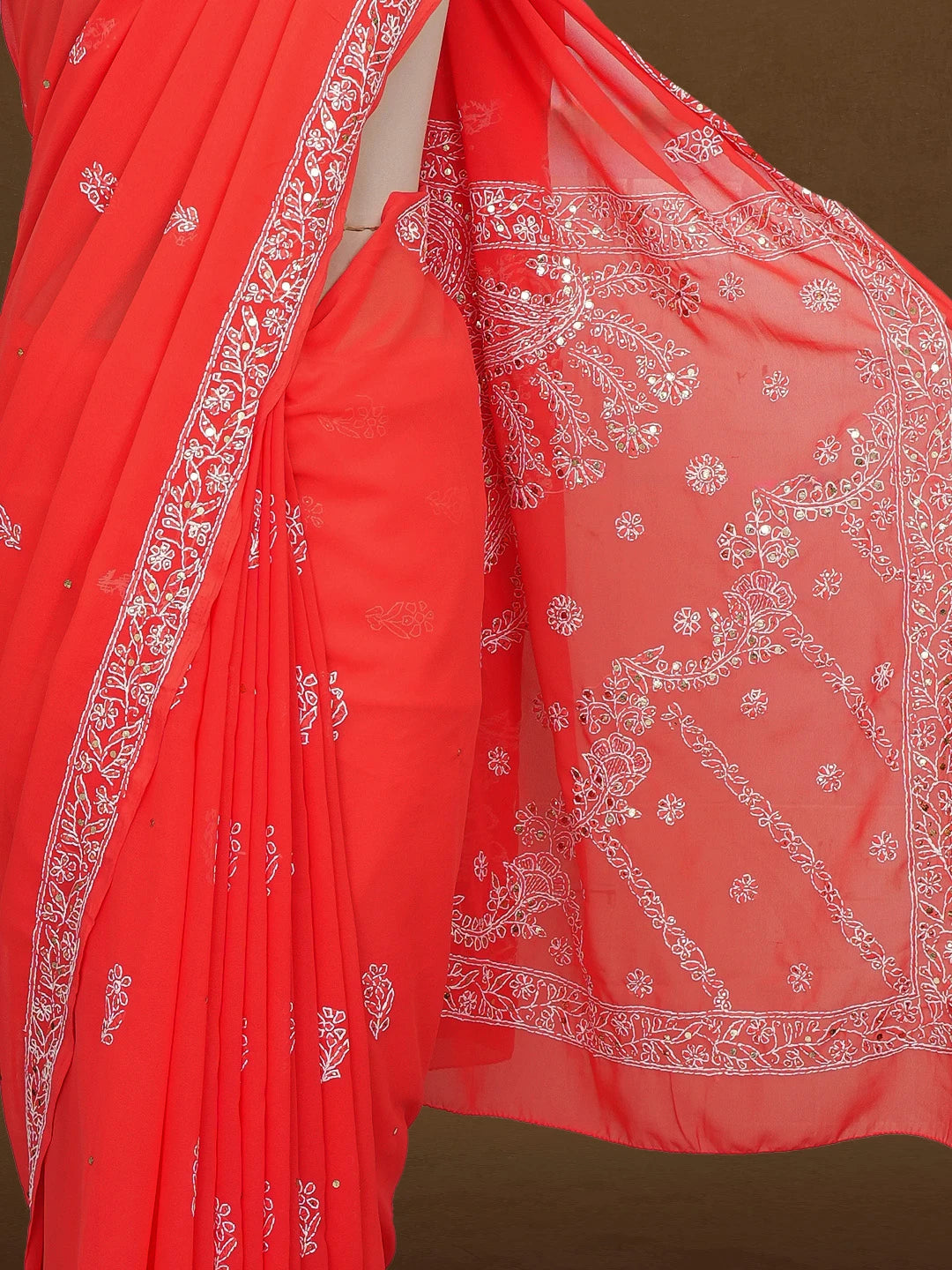Ada Hand Embroidered Coral Red Faux Georgette Lucknowi Chikankari Saree and Blouse With Muqaish Work 01A98900
