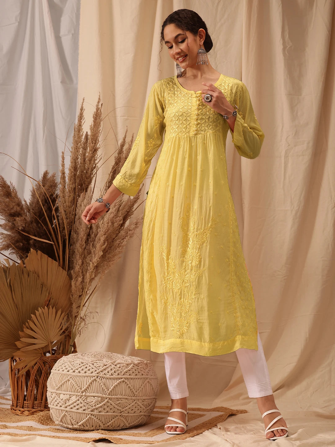 Ada Hand Embroidered Yellow Muslin Lucknowi Chikankari Kurta A411652