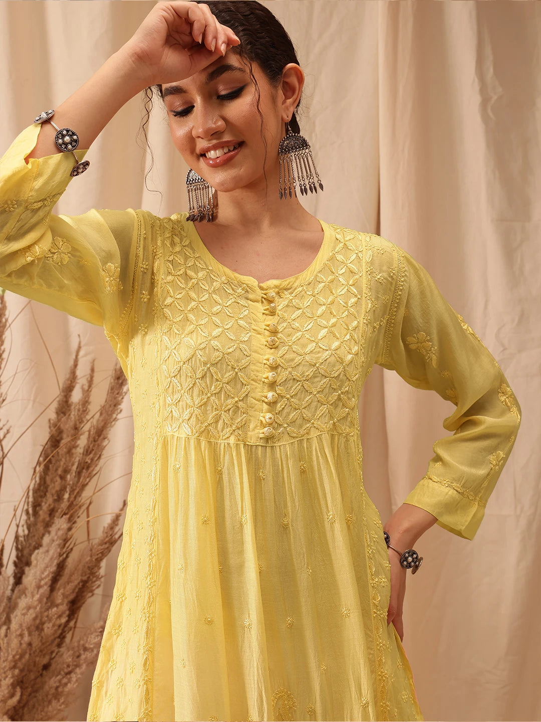 Ada Hand Embroidered Yellow Muslin Lucknowi Chikankari Kurta A411652