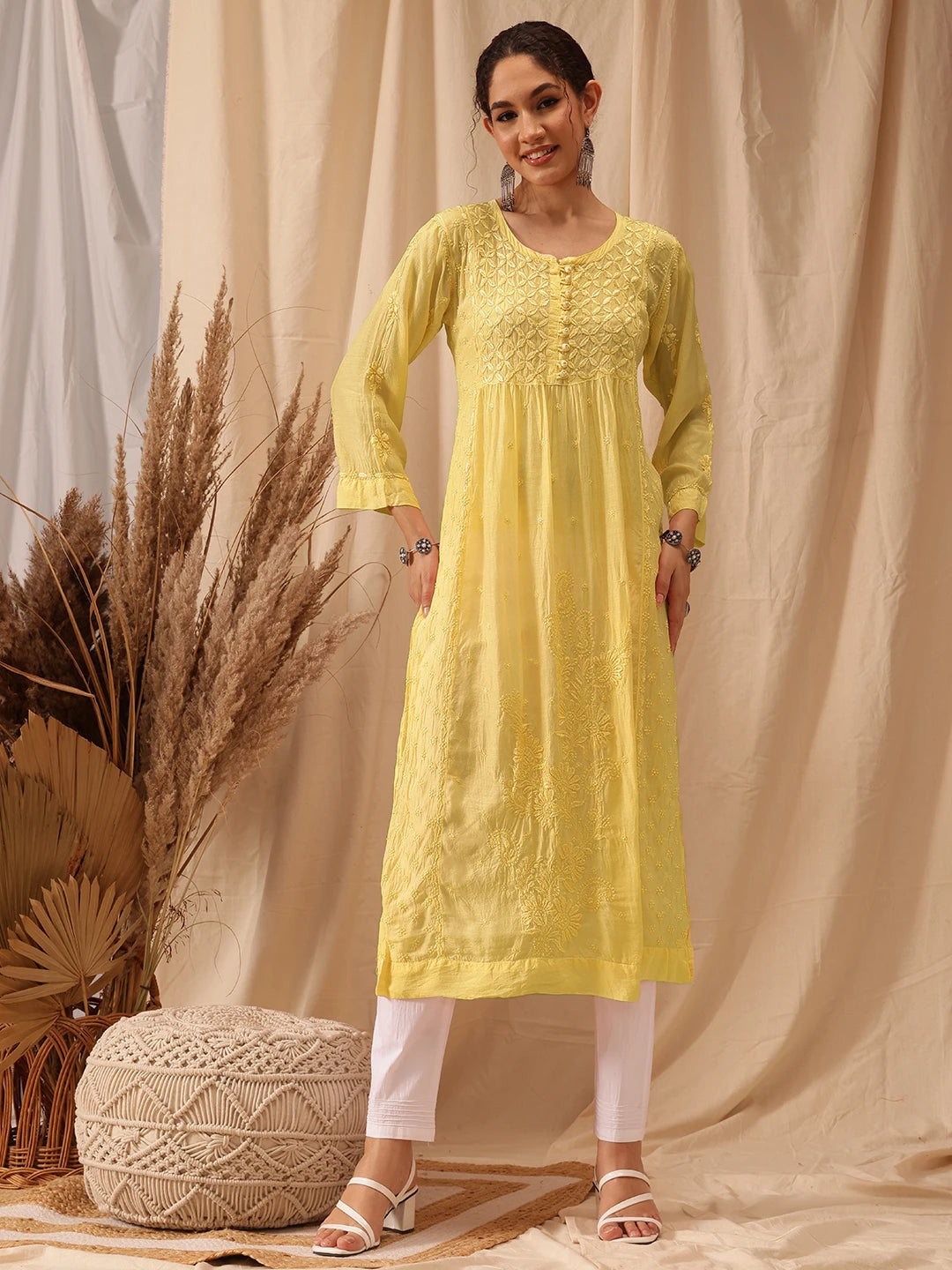 Ada Hand Embroidered Yellow Muslin Lucknowi Chikankari Kurta A411652