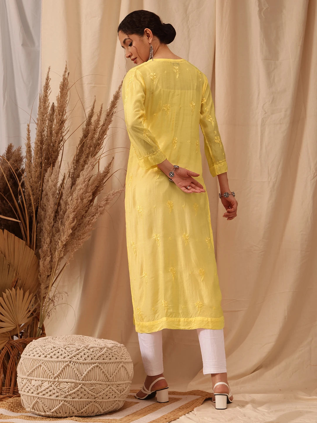 Ada Hand Embroidered Yellow Muslin Lucknowi Chikankari Kurta A411652