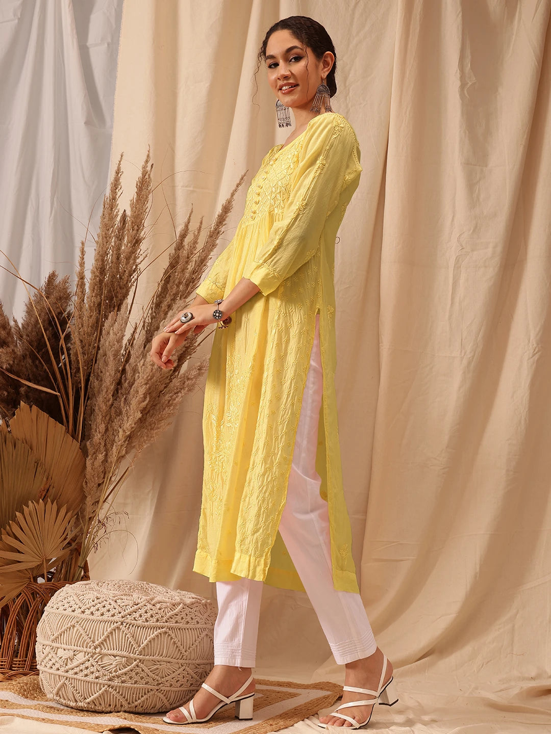Ada Hand Embroidered Yellow Muslin Lucknowi Chikankari Kurta A411652