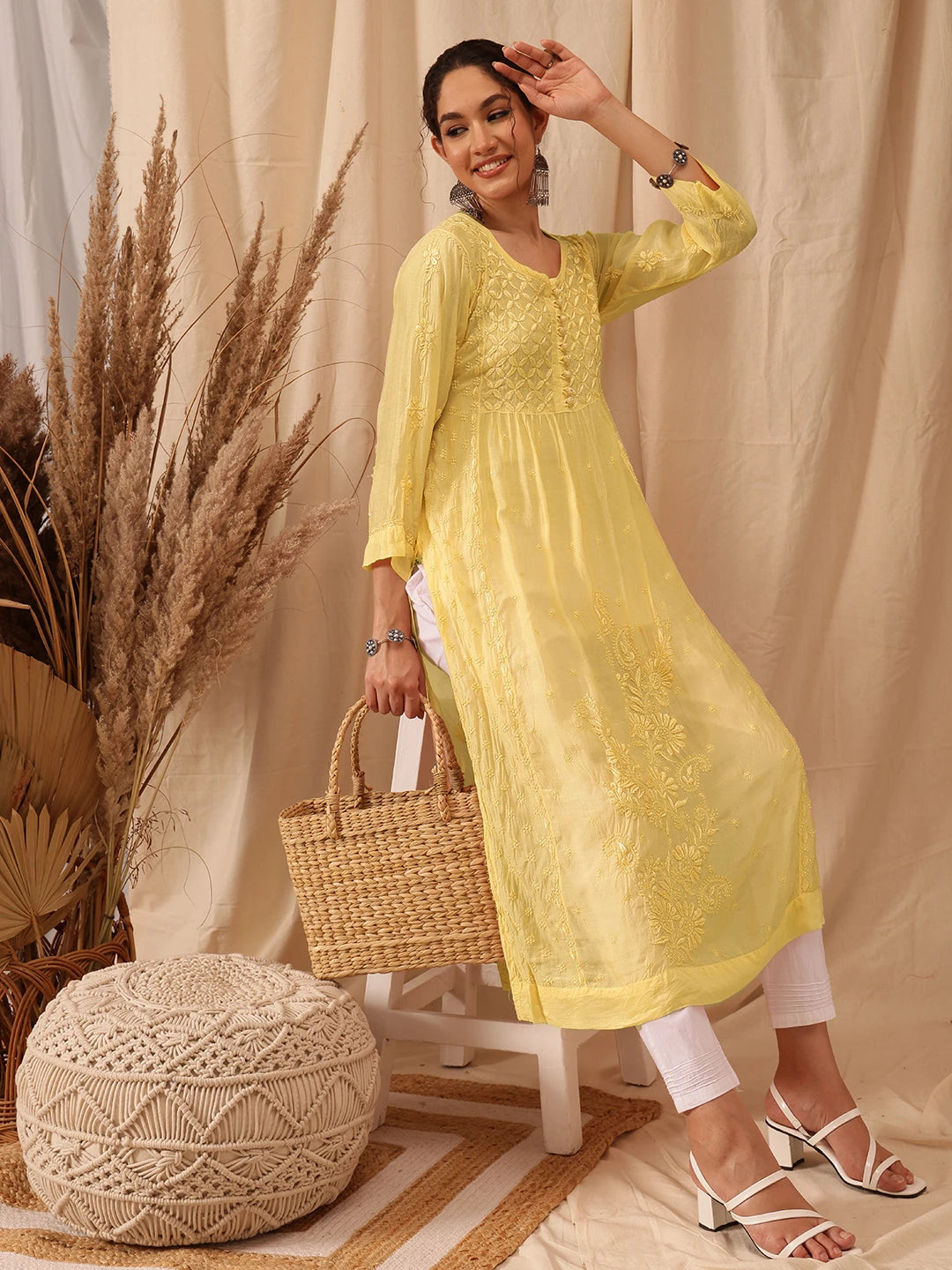 Ada Hand Embroidered Yellow Muslin Lucknowi Chikankari Kurta A411652