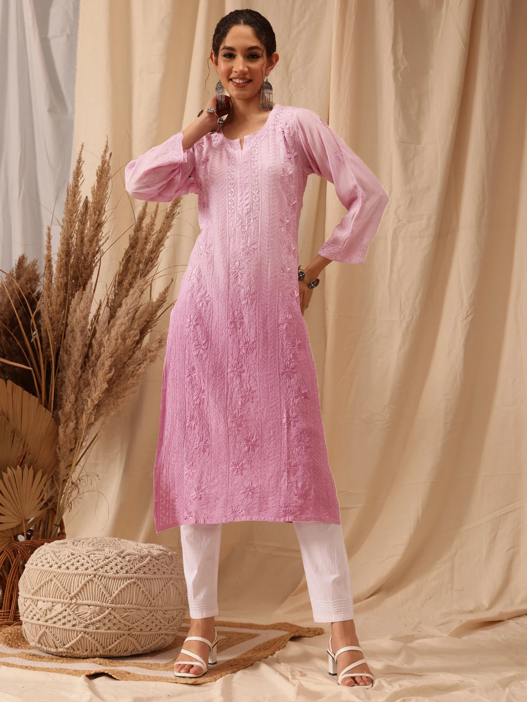 Ada Hand Embroidered Lavender Rose Pink Muslin Lucknowi Chikankari straight Kurta A411659