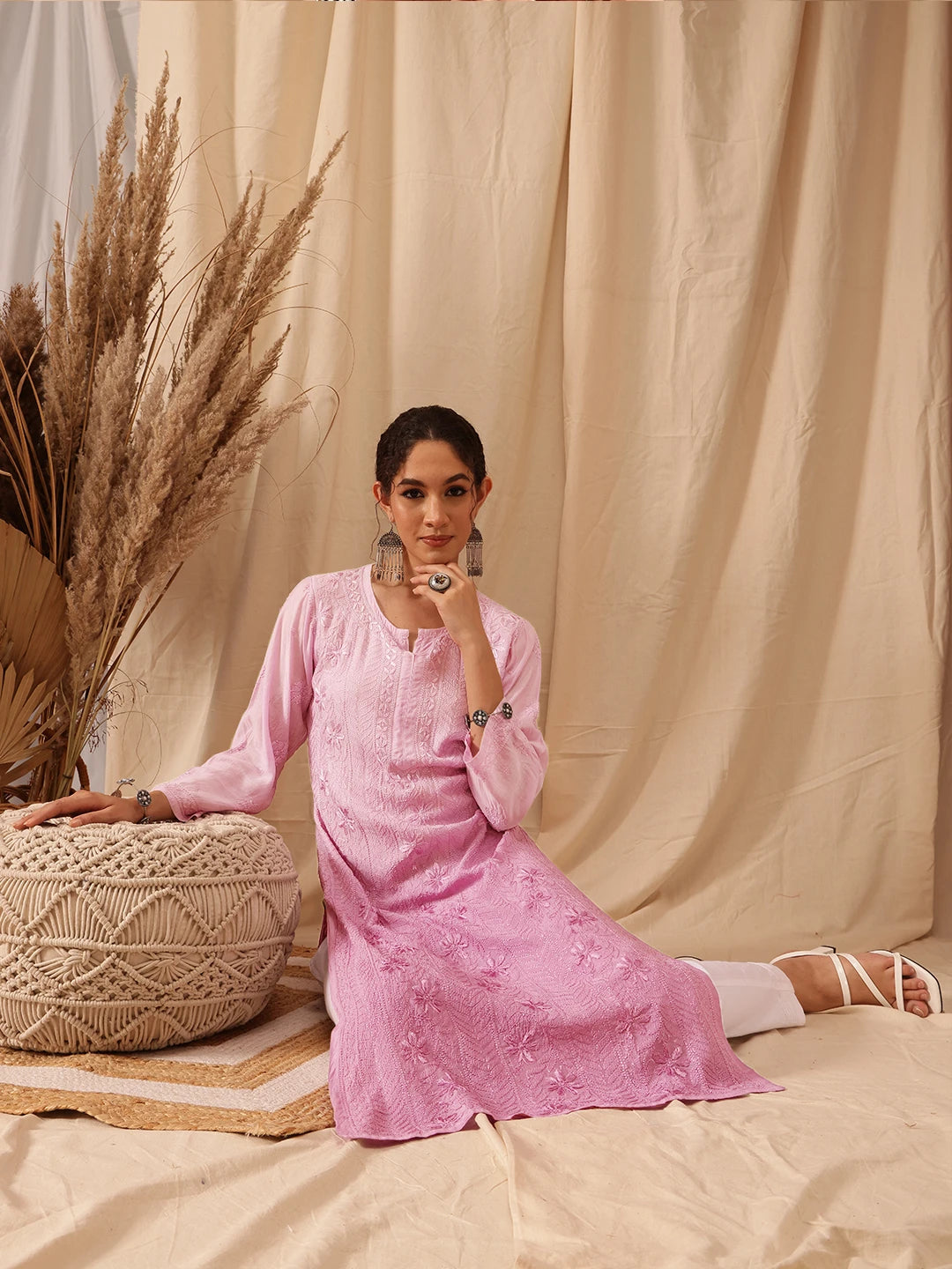 Ada Hand Embroidered Lavender Rose Pink Muslin Lucknowi Chikankari straight Kurta A411659