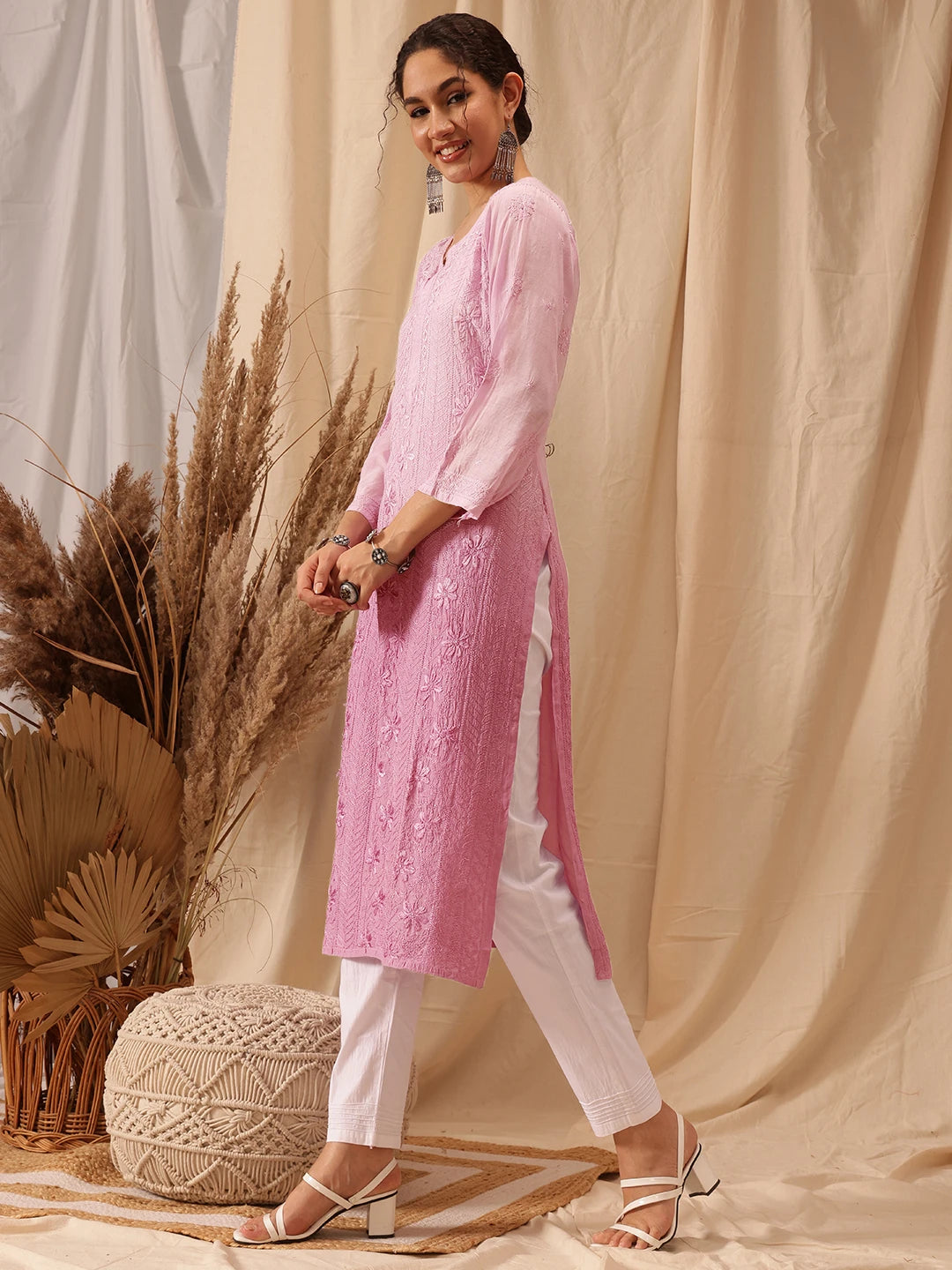 Ada Hand Embroidered Lavender Rose Pink Muslin Lucknowi Chikankari straight Kurta A411659