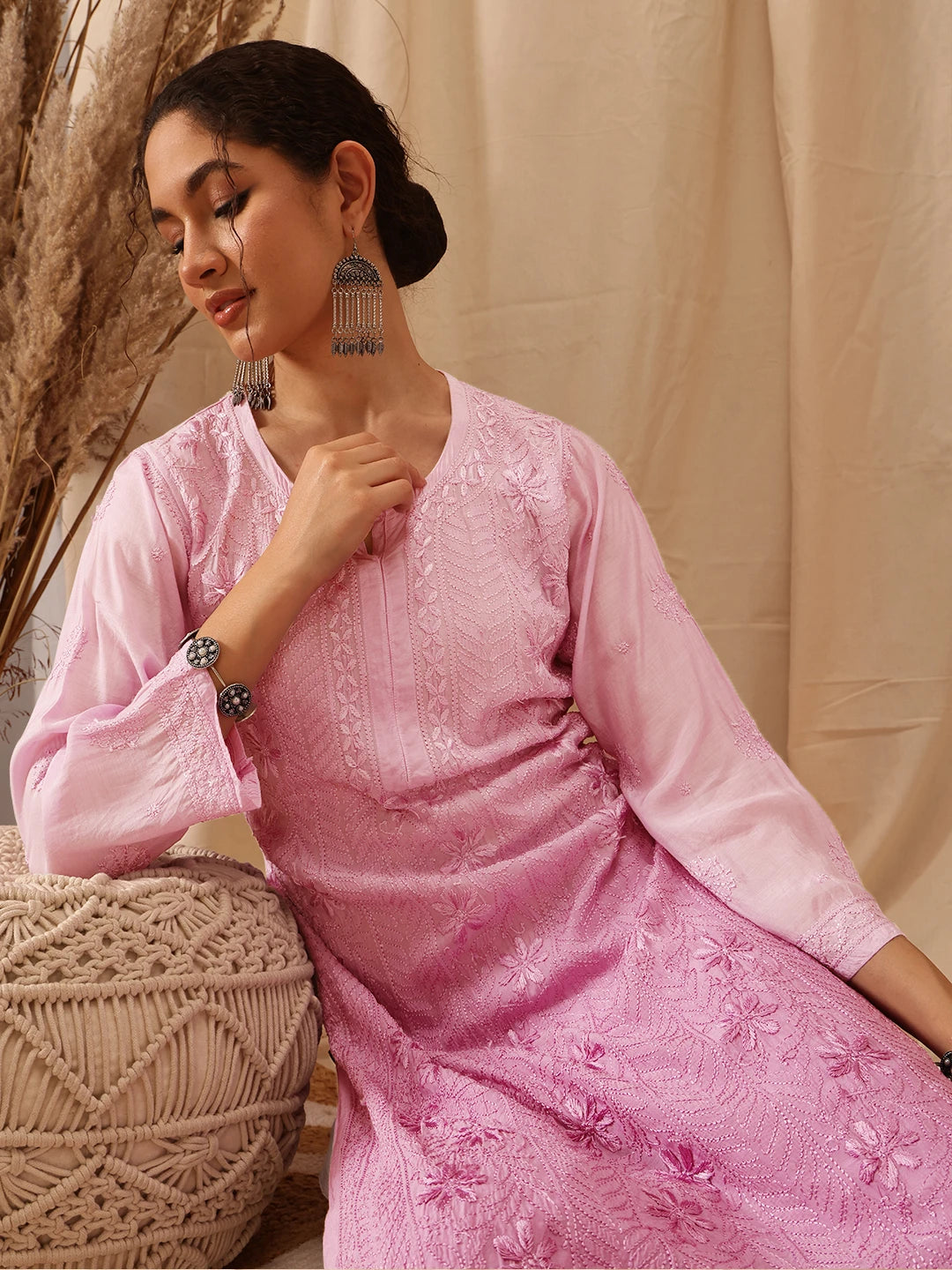Ada Hand Embroidered Lavender Rose Pink Muslin Lucknowi Chikankari straight Kurta A411659
