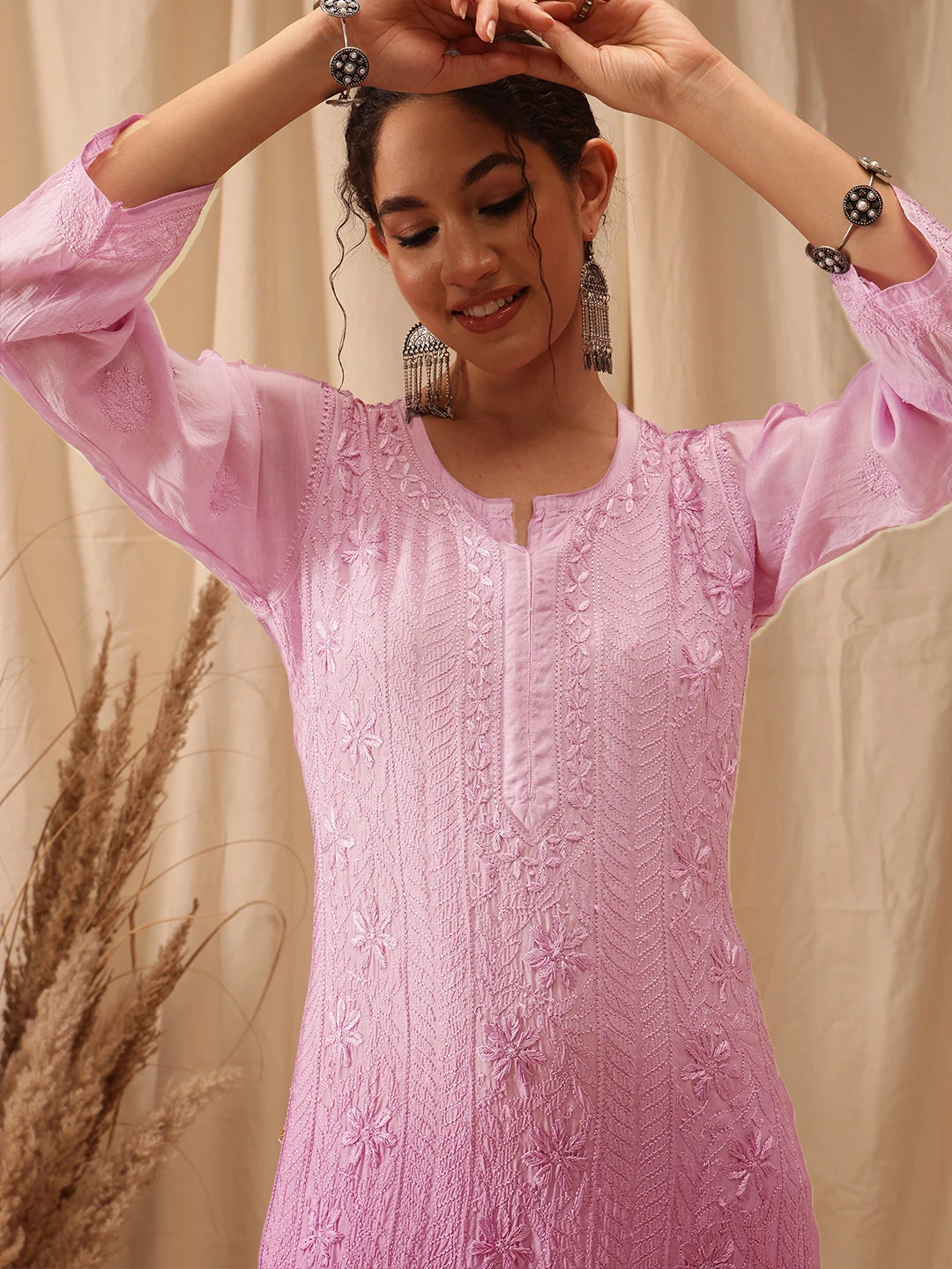 Ada Hand Embroidered Lavender Rose Pink Muslin Lucknowi Chikankari straight Kurta A411659