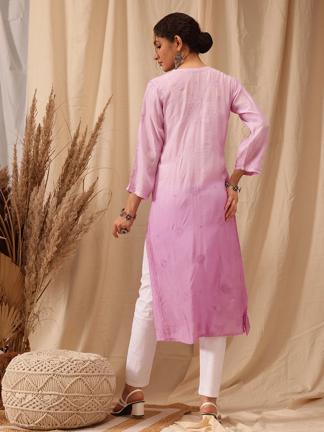 Ada Hand Embroidered Lavender Rose Pink Muslin Lucknowi Chikankari straight Kurta A411659