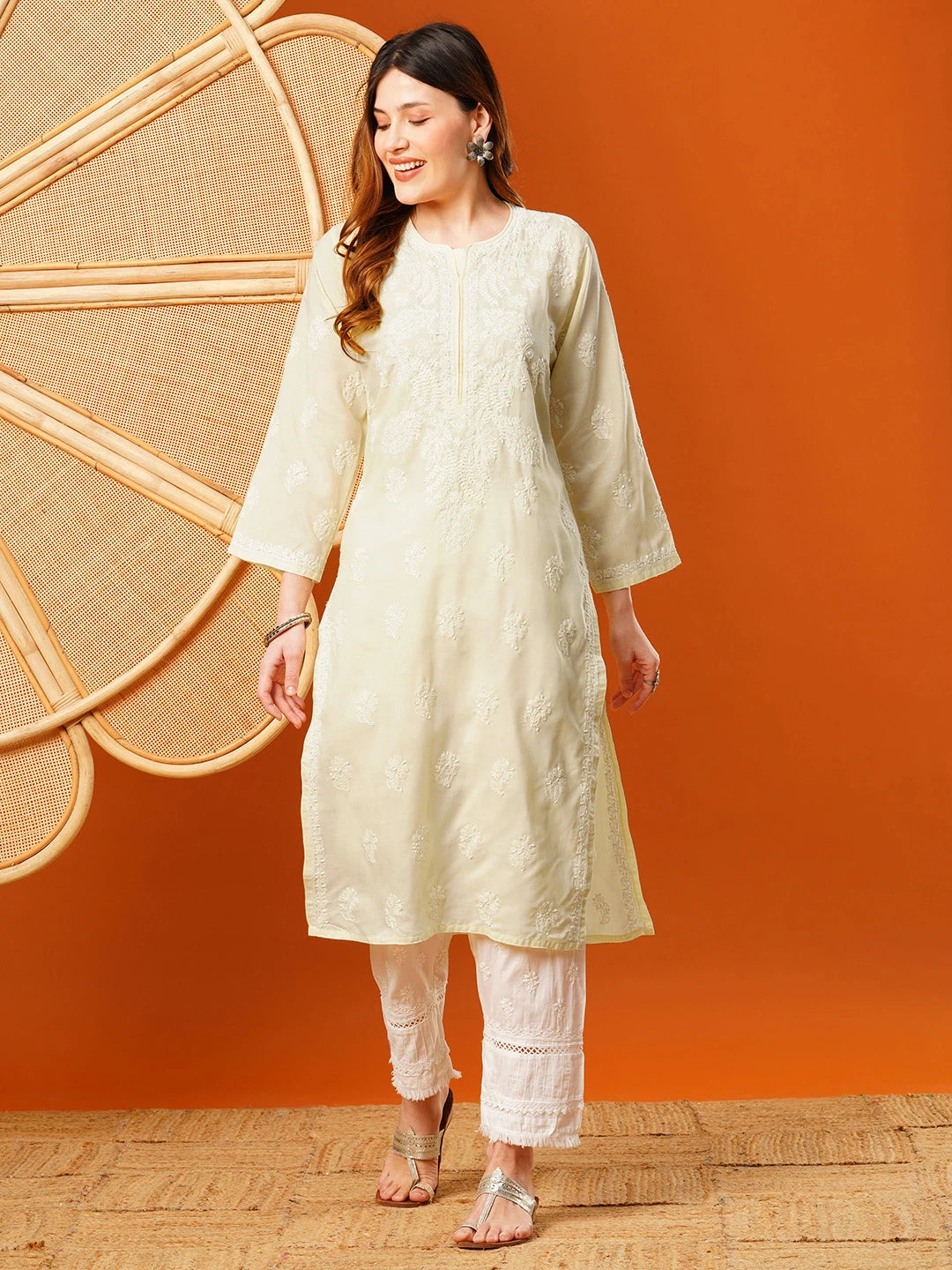 Ada Hand Embroidered Cream Cotton Lucknowi Chikankari Straight Kurta A411629