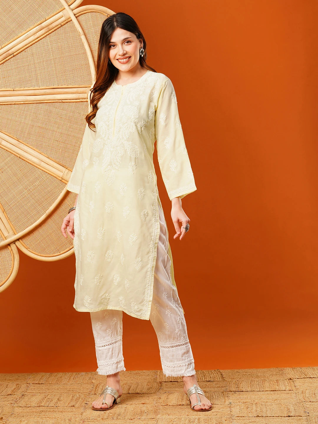 Ada Hand Embroidered Cream Cotton Lucknowi Chikankari Straight Kurta A411629