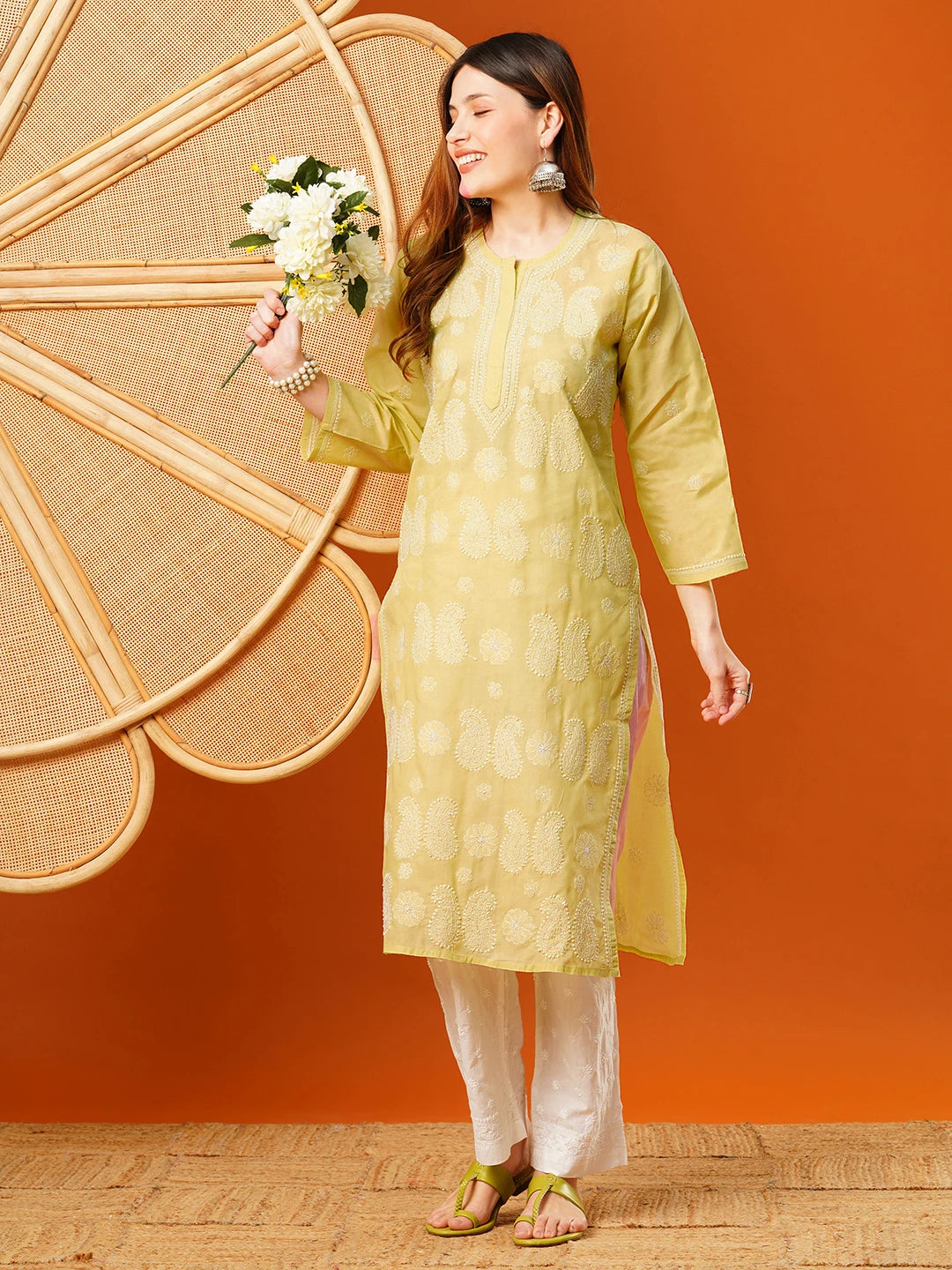 Ada Hand Embroidered Yellow Cotton Lucknowi Chikankari Straight Kurta A411630