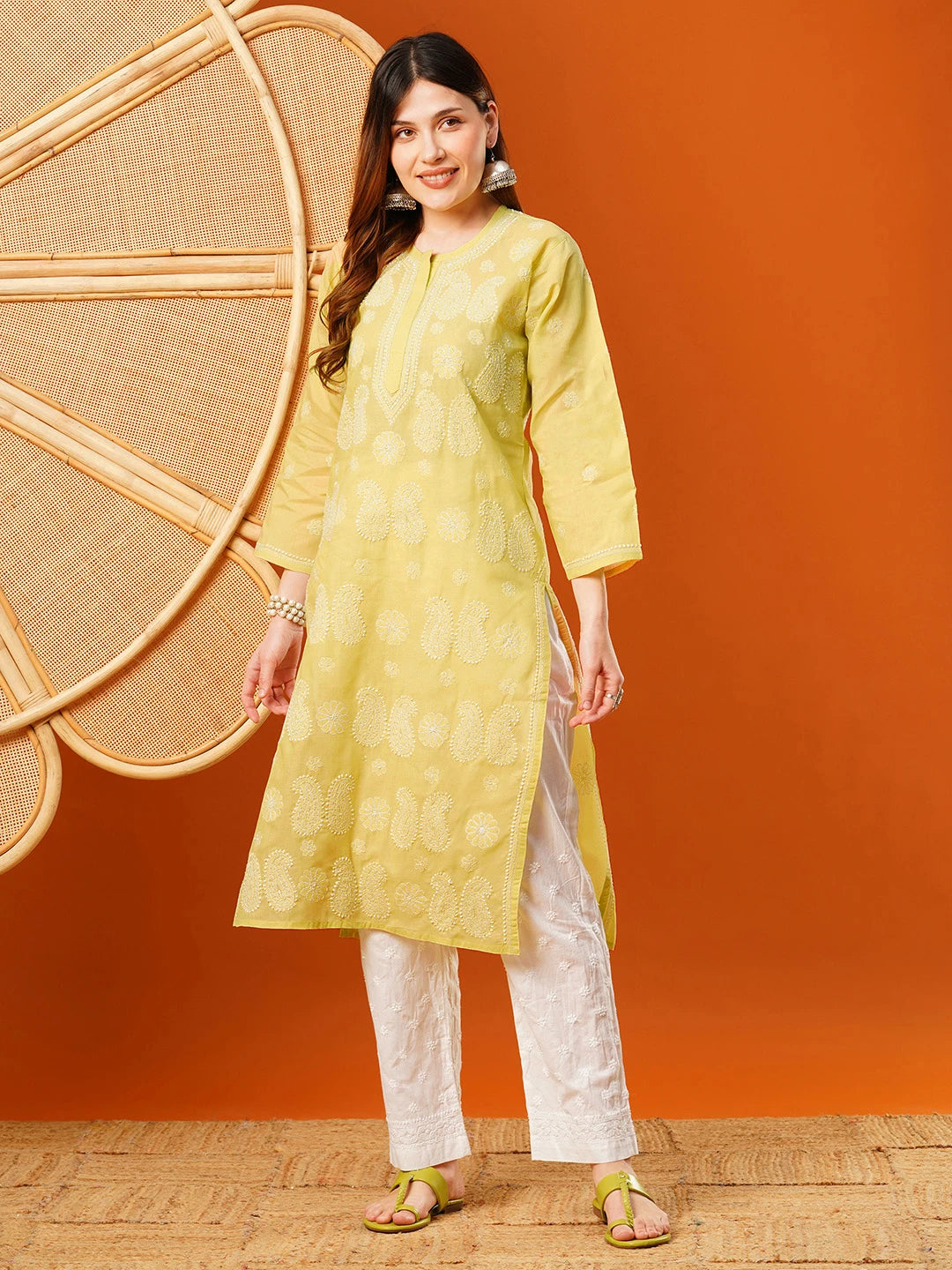 Ada Hand Embroidered Yellow Cotton Lucknowi Chikankari Straight Kurta A411630