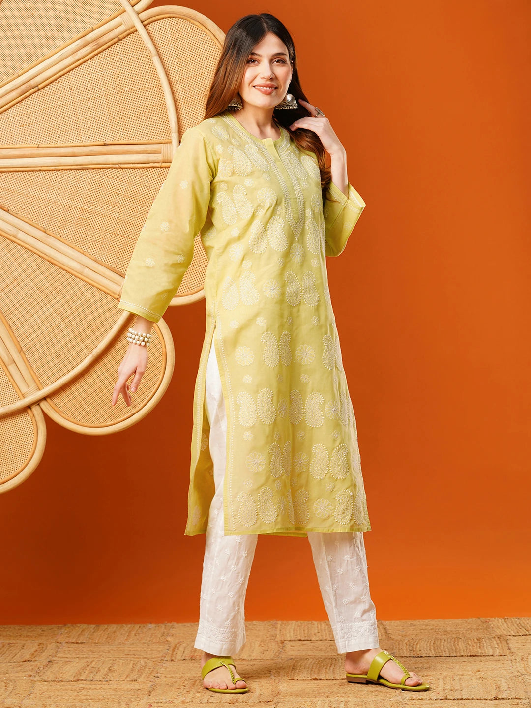 Ada Hand Embroidered Yellow Cotton Lucknowi Chikankari Straight Kurta A411630