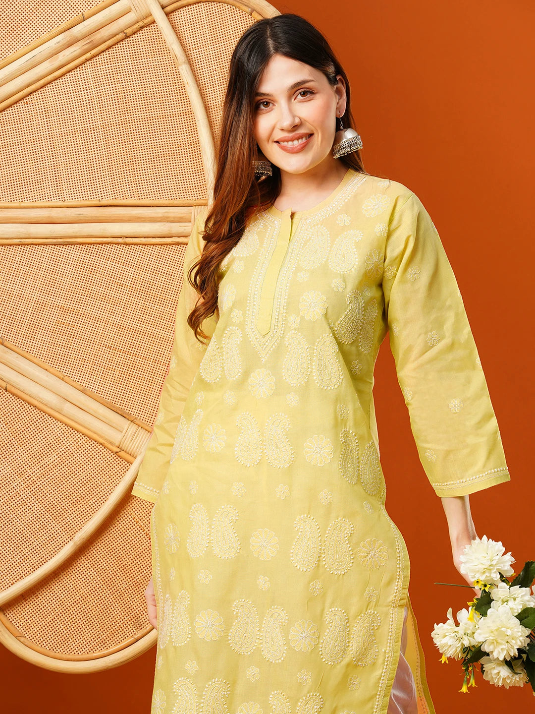 Ada Hand Embroidered Yellow Cotton Lucknowi Chikankari Straight Kurta A411630