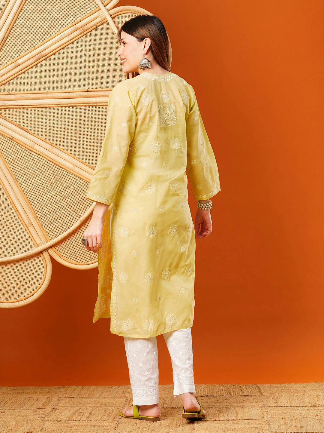 Ada Hand Embroidered Yellow Cotton Lucknowi Chikankari Straight Kurta A411630
