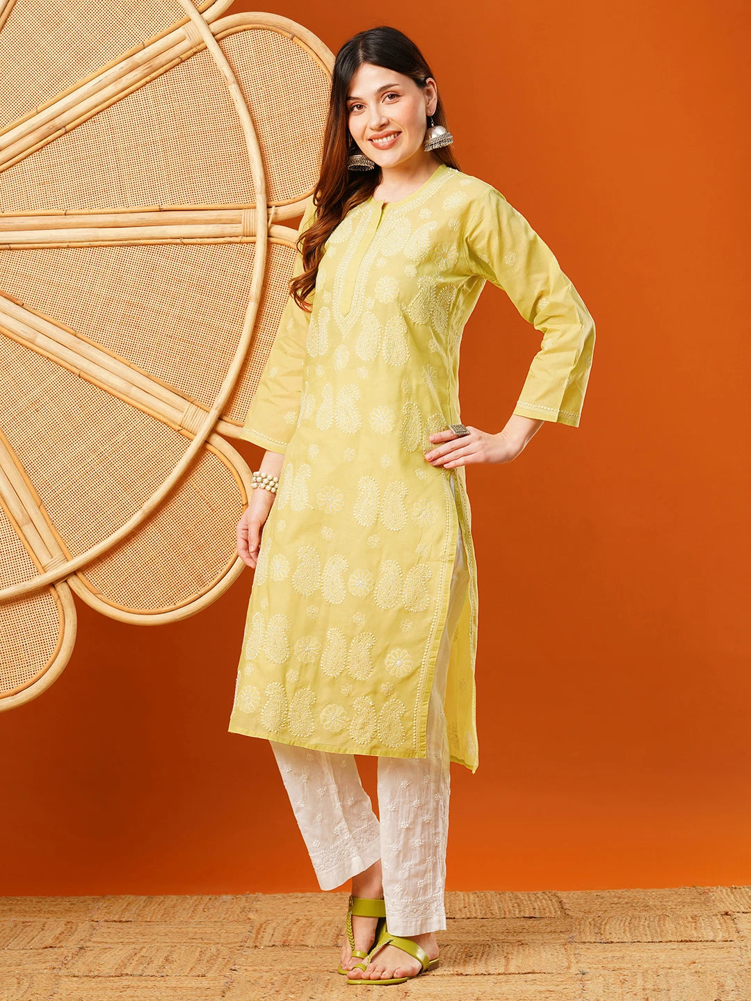 Ada Hand Embroidered Yellow Cotton Lucknowi Chikankari Straight Kurta A411630
