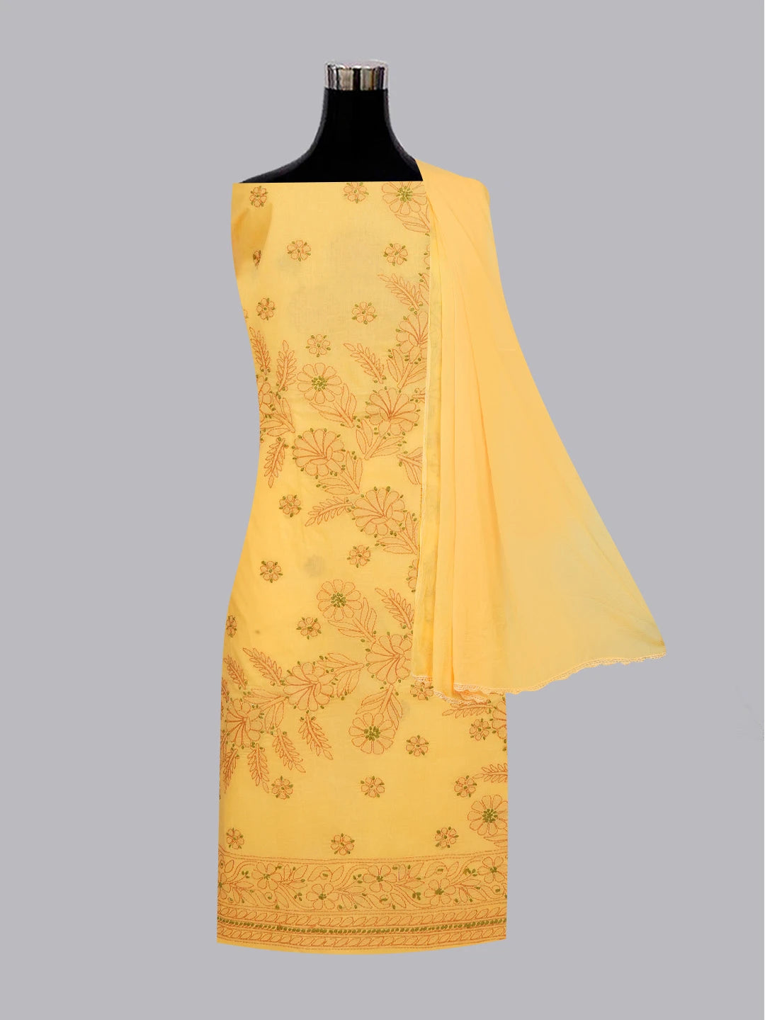 Ada Hand Embroidered Mustard Cotton Lucknowi Chikankari Unstitched Suit Piece 01A613585
