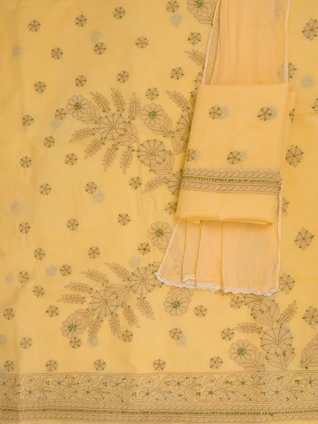 Ada Hand Embroidered Mustard Cotton Lucknowi Chikankari Unstitched Suit Piece 01A613585