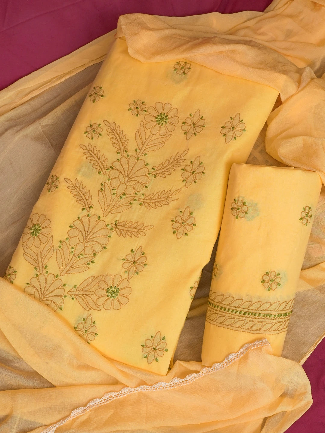 Ada Hand Embroidered Mustard Cotton Lucknowi Chikankari Unstitched Suit Piece 01A613585