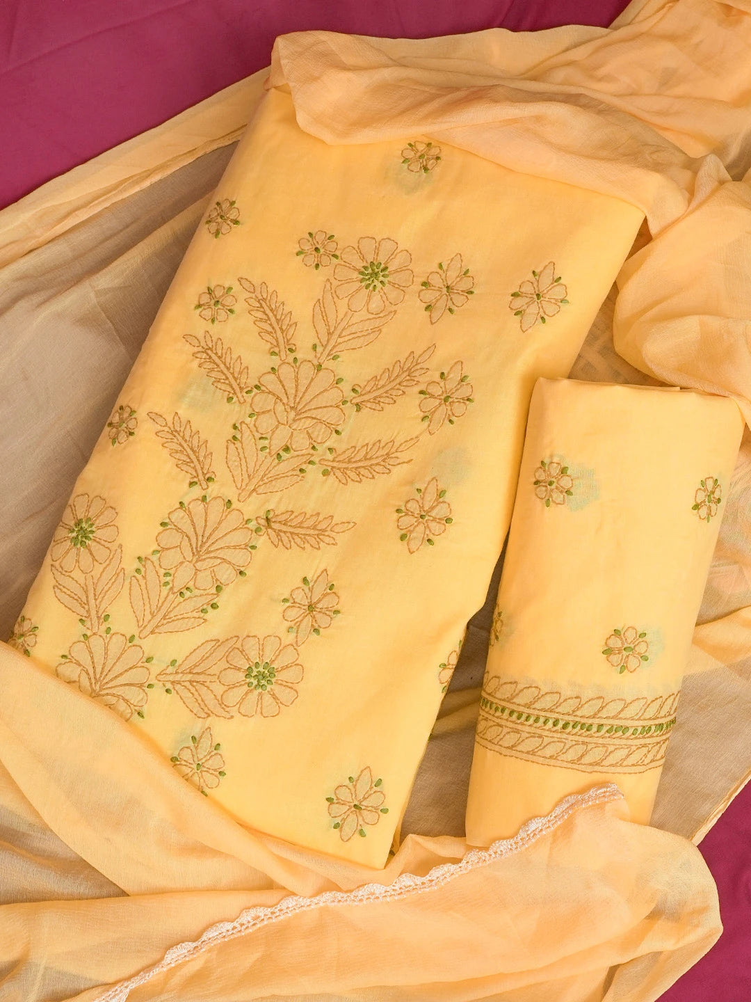 Ada Hand Embroidered Mustard Cotton Lucknowi Chikankari Unstitched Suit Piece 01A613585
