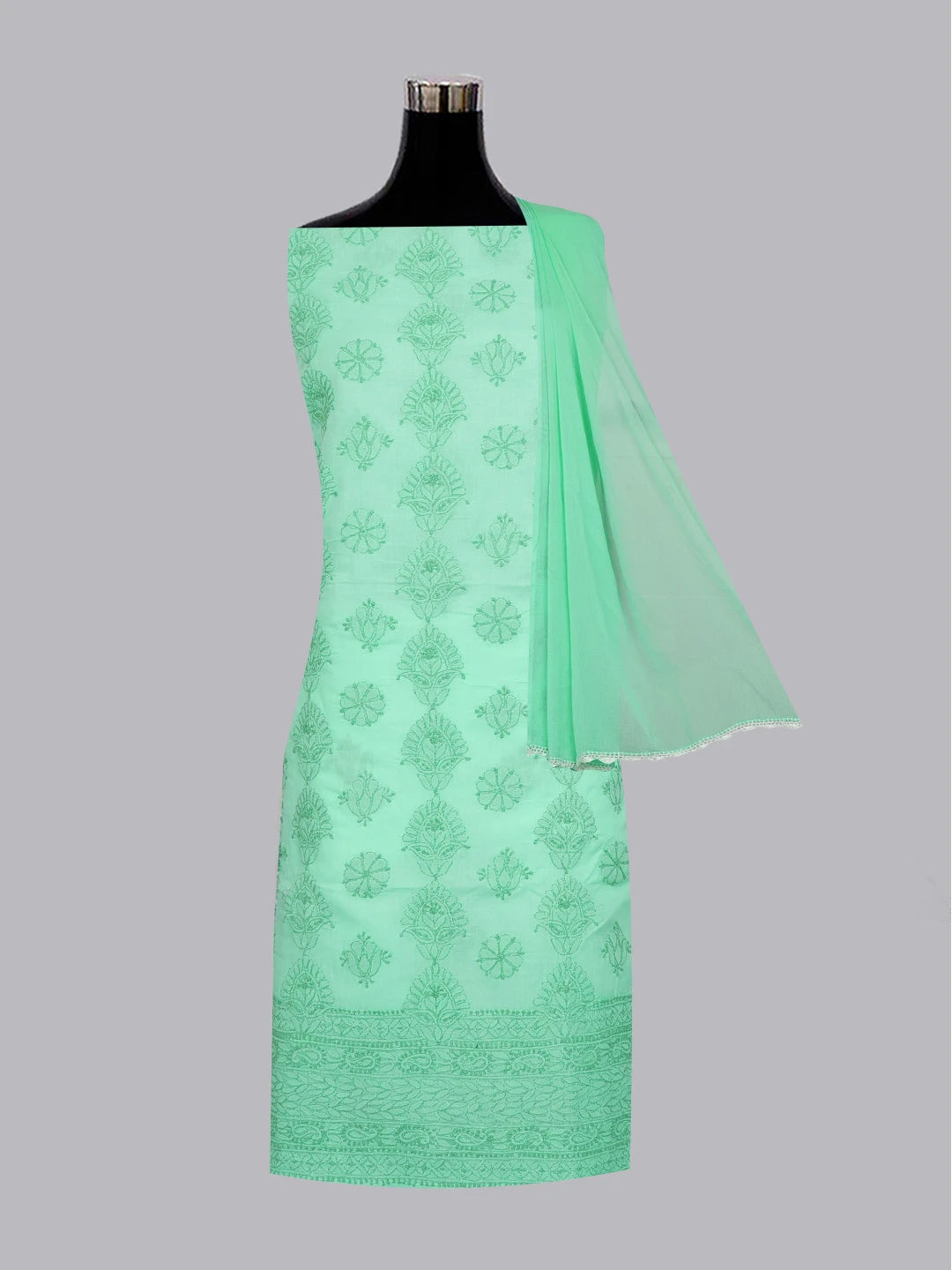 Ada Hand Embroidered Sea Green Cotton Lucknowi Chikankari Unstitched Suit Piece 01A614350