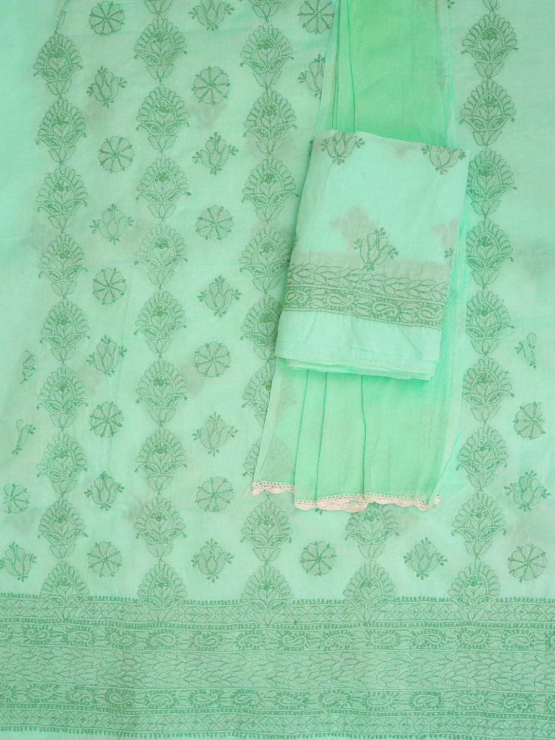 Ada Hand Embroidered Sea Green Cotton Lucknowi Chikankari Unstitched Suit Piece 01A614350