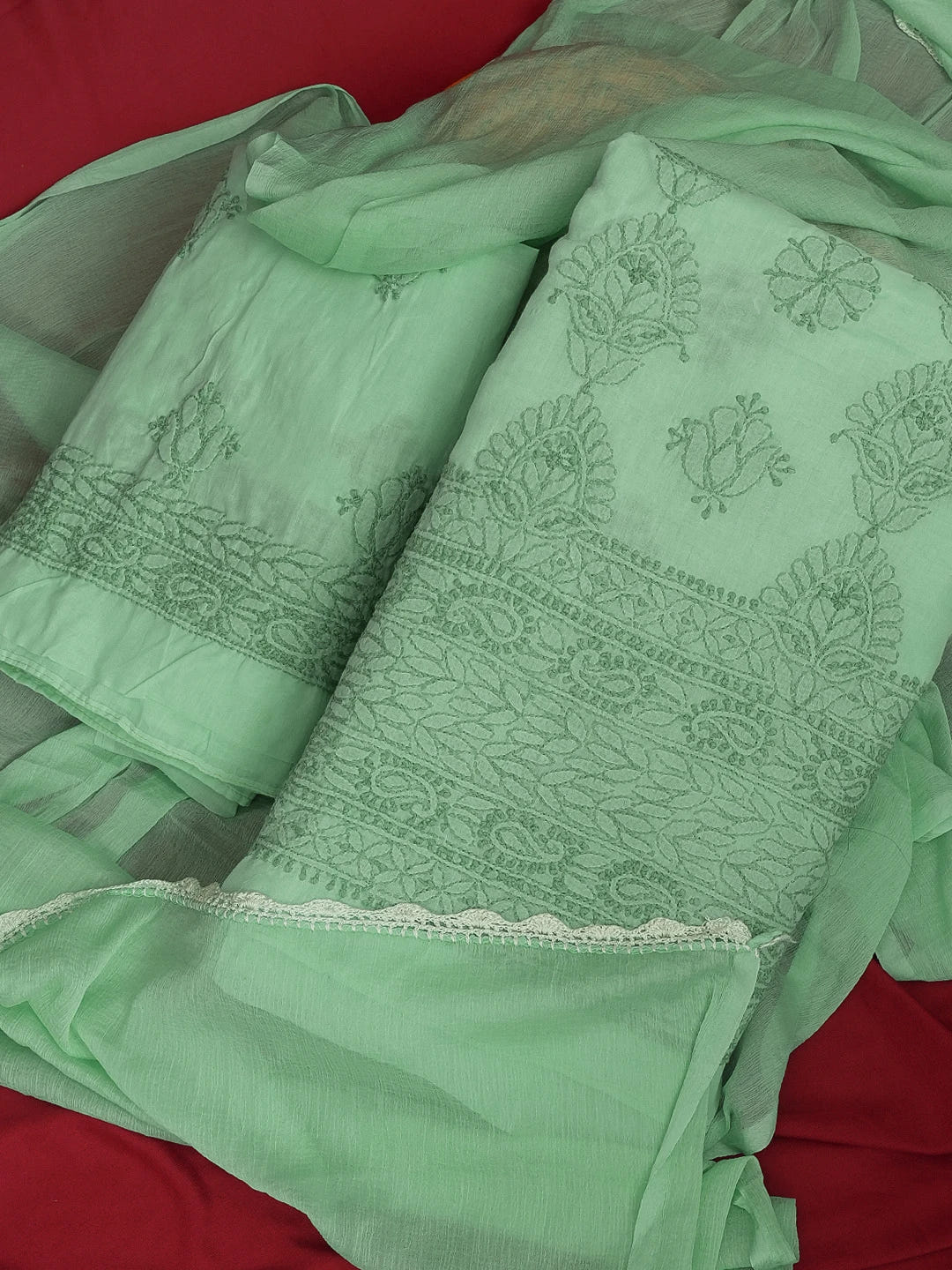 Ada Hand Embroidered Sea Green Cotton Lucknowi Chikankari Unstitched Suit Piece 01A614350