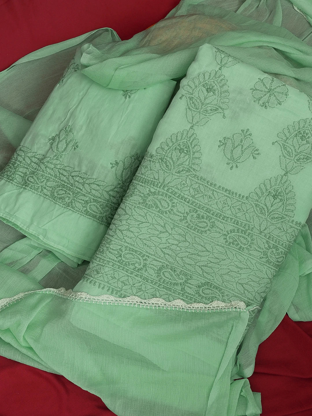 Ada Hand Embroidered Sea Green Cotton Lucknowi Chikankari Unstitched Suit Piece 01A614350