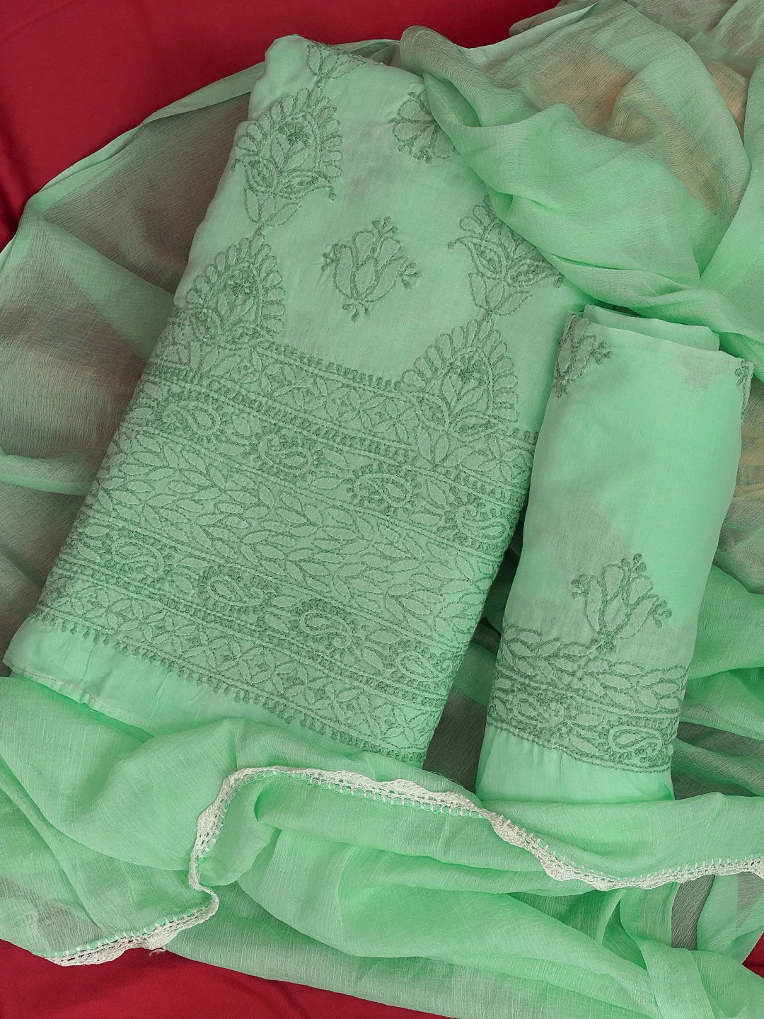 Ada Hand Embroidered Sea Green Cotton Lucknowi Chikankari Unstitched Suit Piece 01A614350
