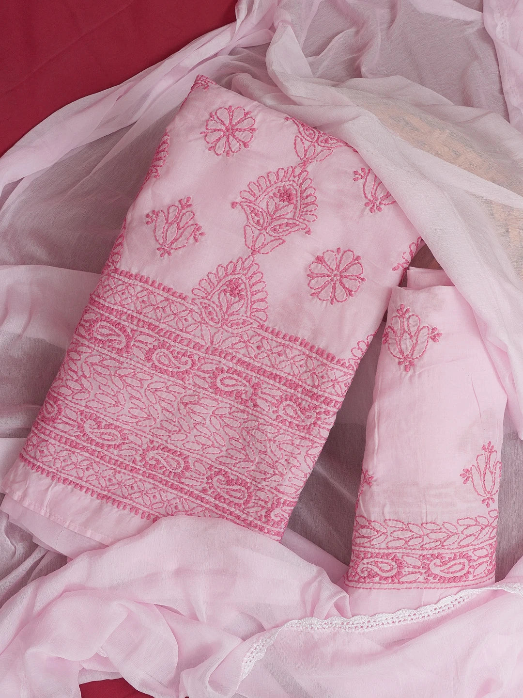 Ada Hand Embroidered Pink Cotton Lucknowi Chikankari Unstitched Suit Piece 01A614367