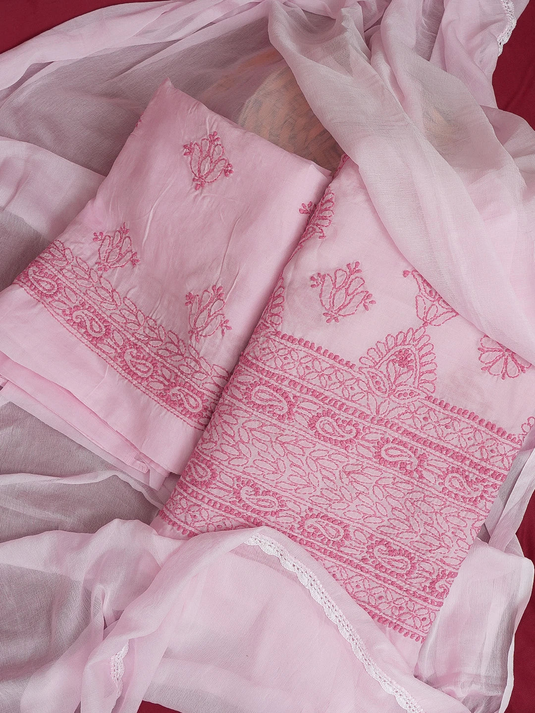Ada Hand Embroidered Pink Cotton Lucknowi Chikankari Unstitched Suit Piece 01A614367