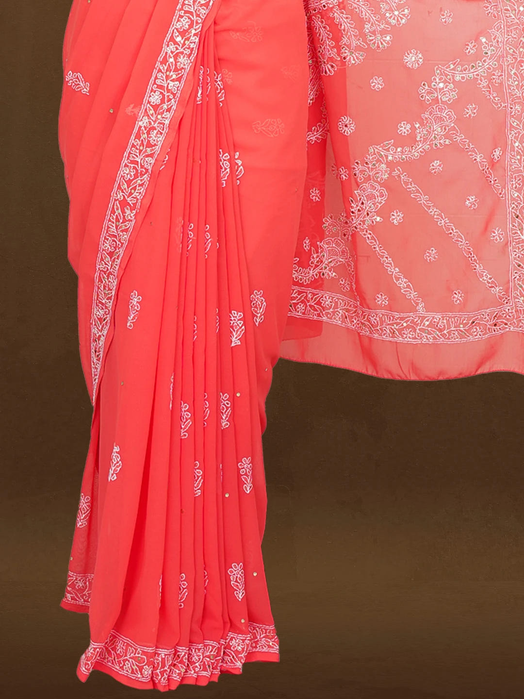Ada Hand Embroidered Carrot Pink Faux Georgette Lucknowi Chikankari Saree and Blouse With Muqaish Work 01A378287