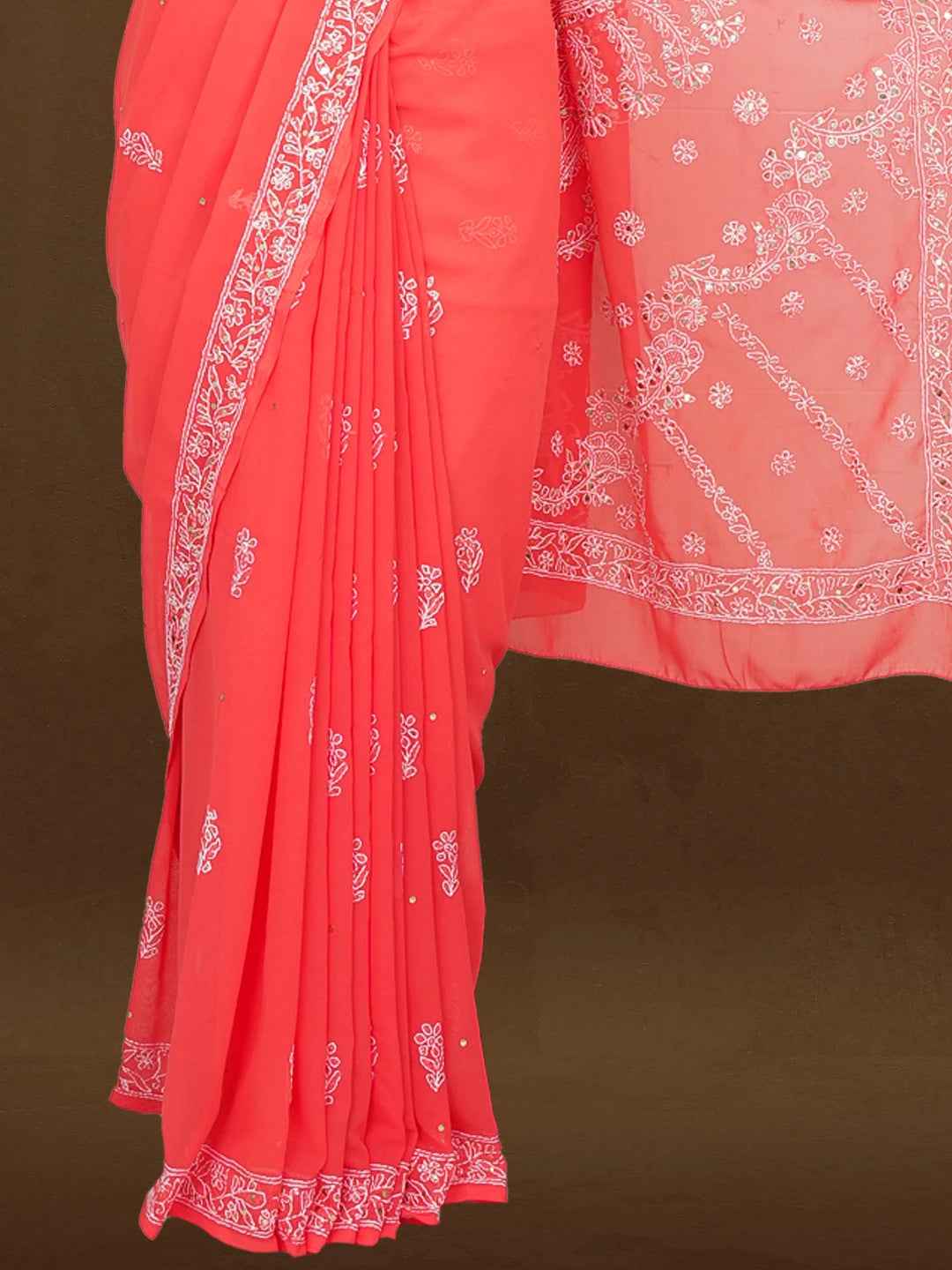 Ada Hand Embroidered Carrot Pink Faux Georgette Lucknowi Chikankari Saree and Blouse With Muqaish Work 01A378287