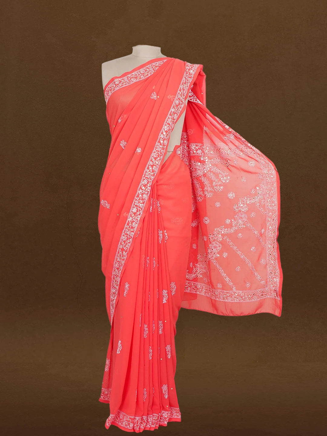 Ada Hand Embroidered Carrot Pink Faux Georgette Lucknowi Chikankari Saree and Blouse With Muqaish Work 01A378287