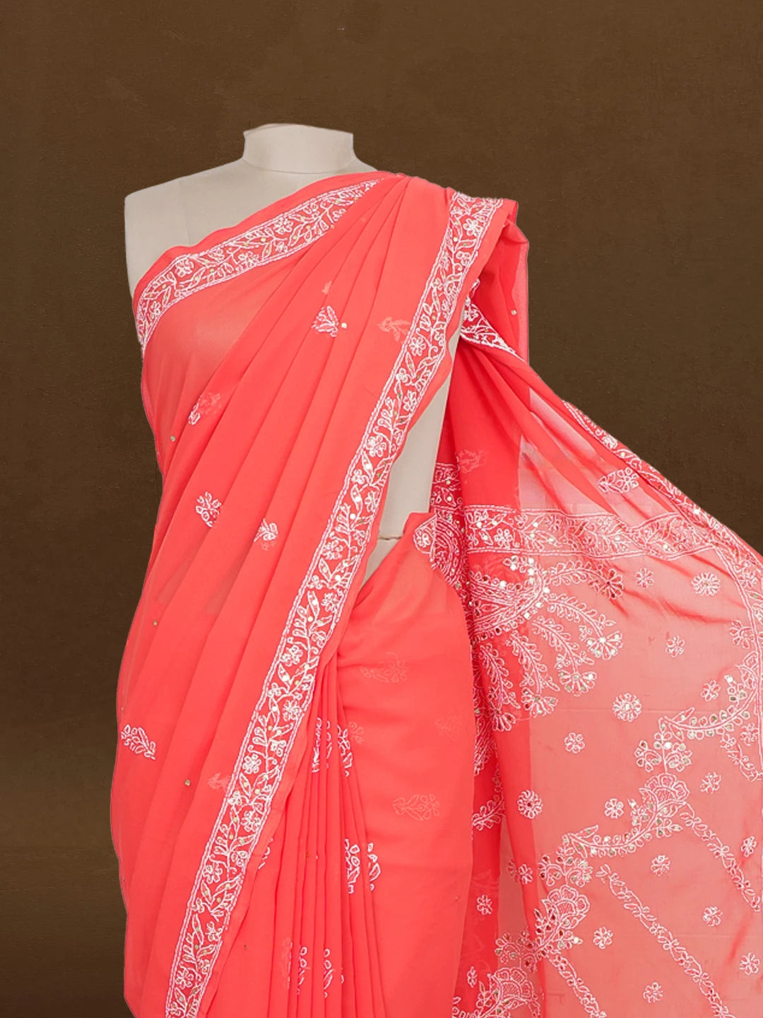 Ada Hand Embroidered Carrot Pink Faux Georgette Lucknowi Chikankari Saree and Blouse With Muqaish Work 01A378287