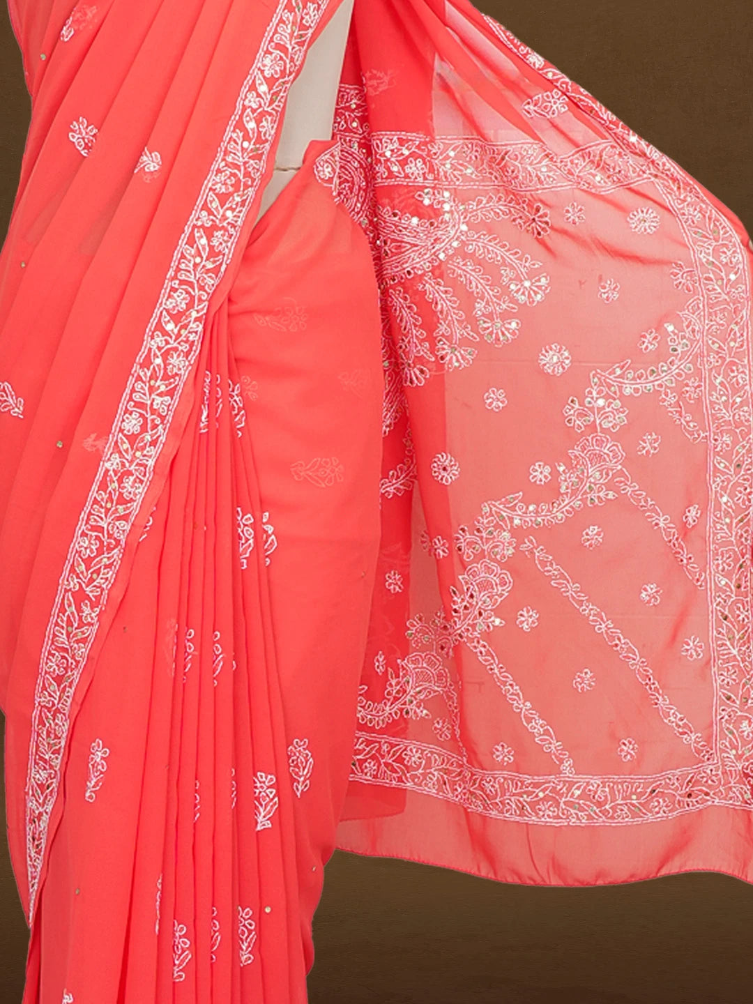 Ada Hand Embroidered Carrot Pink Faux Georgette Lucknowi Chikankari Saree and Blouse With Muqaish Work 01A378287