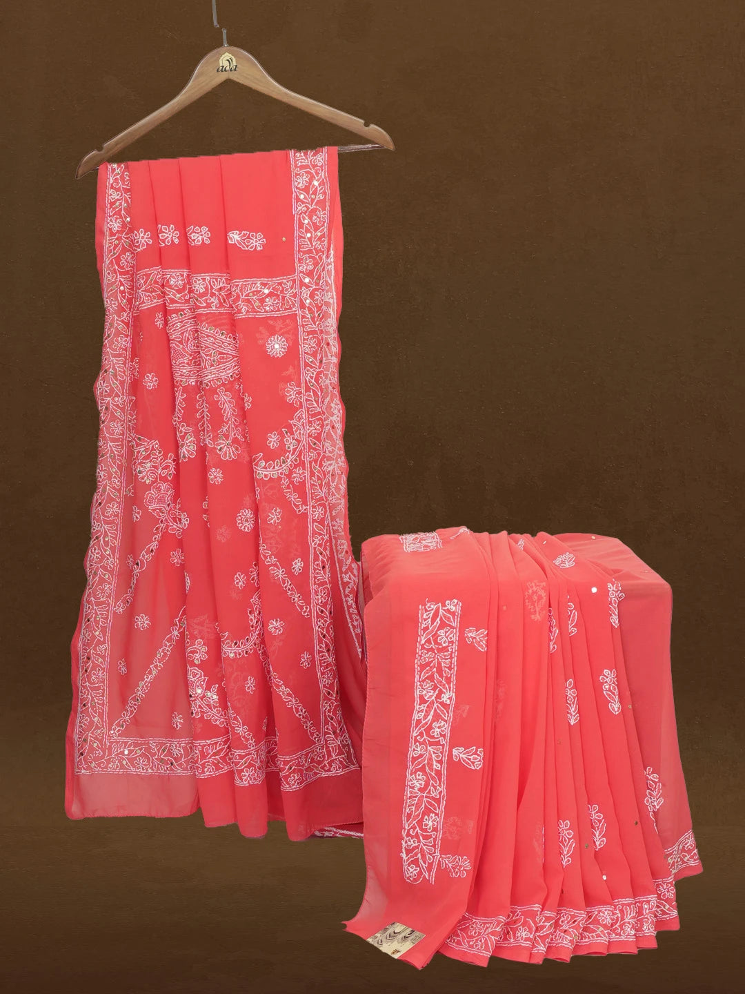 Ada Hand Embroidered Carrot Pink Faux Georgette Lucknowi Chikankari Saree and Blouse With Muqaish Work 01A378287