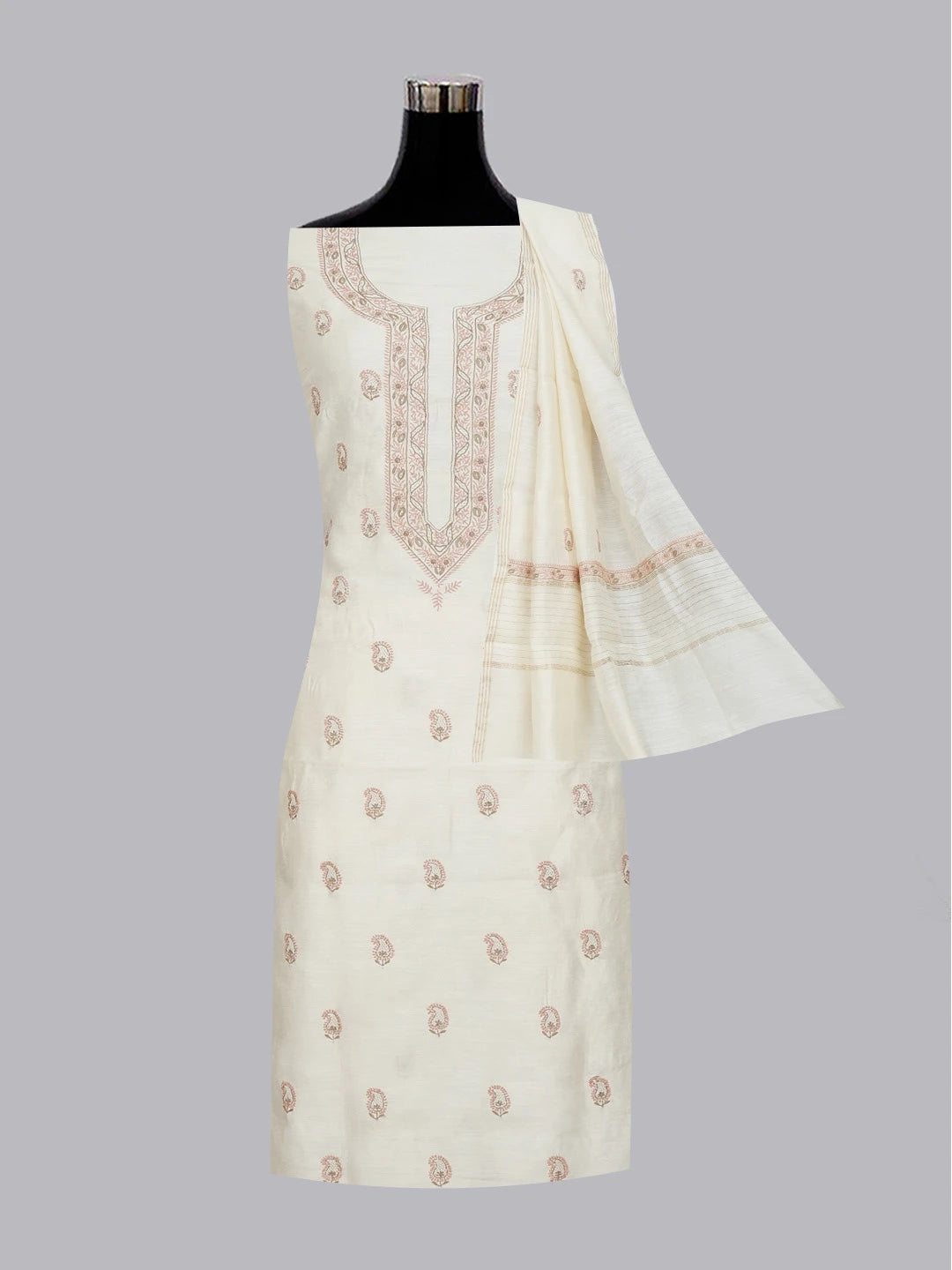 Ada Hand Embroidered Fawn Moonga Silk Lucknowi Chikankari Unstitched Kurta Dupatta Set 01A612242