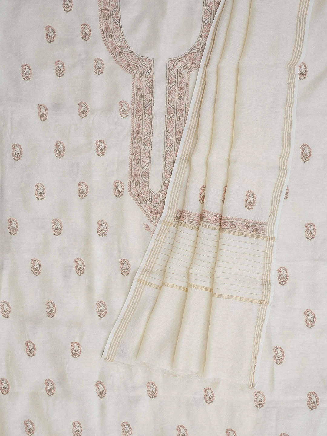 Ada Hand Embroidered Fawn Moonga Silk Lucknowi Chikankari Unstitched Kurta Dupatta Set 01A612242