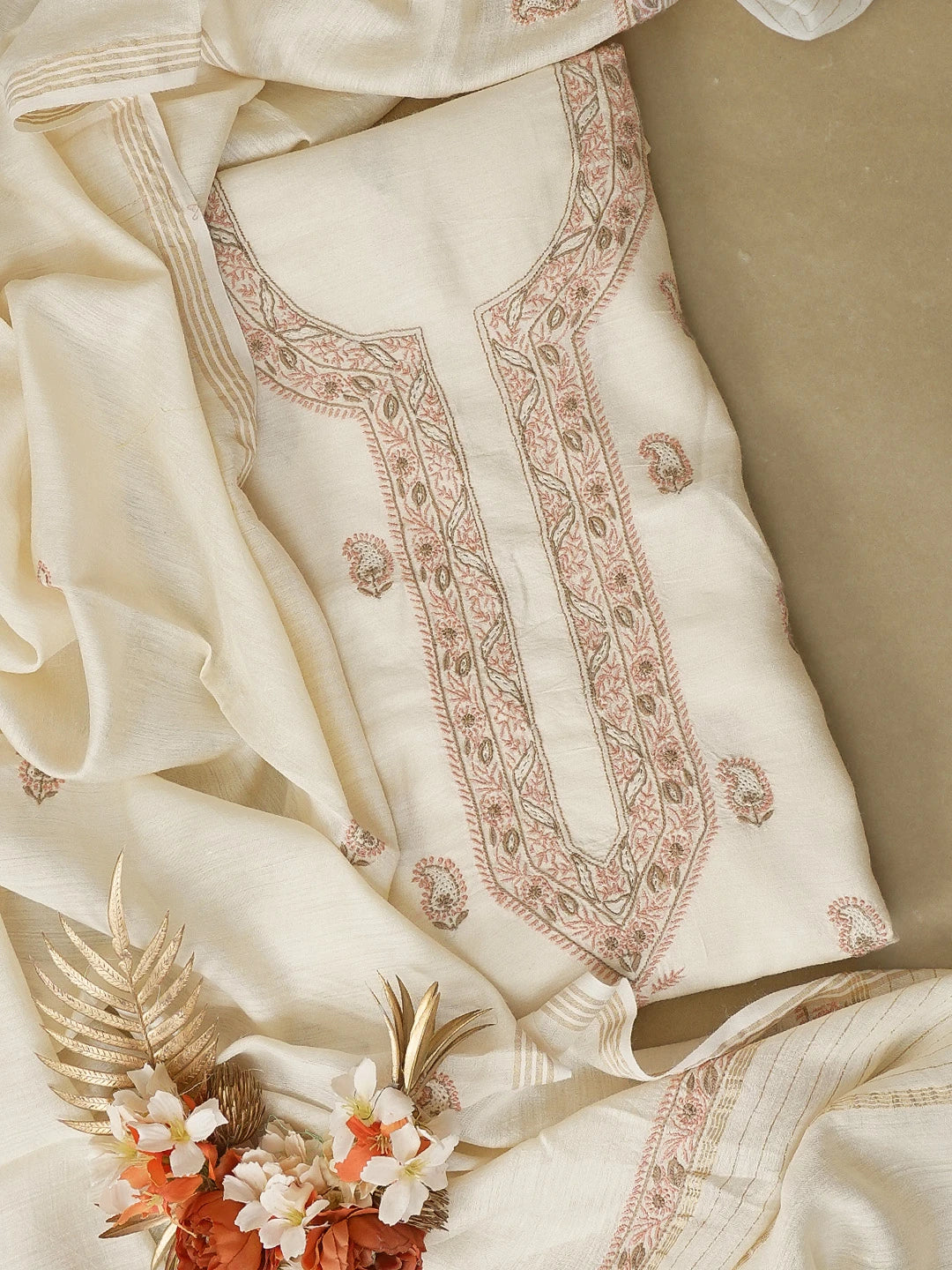 Ada Hand Embroidered Fawn Moonga Silk Lucknowi Chikankari Unstitched Kurta Dupatta Set 01A612242