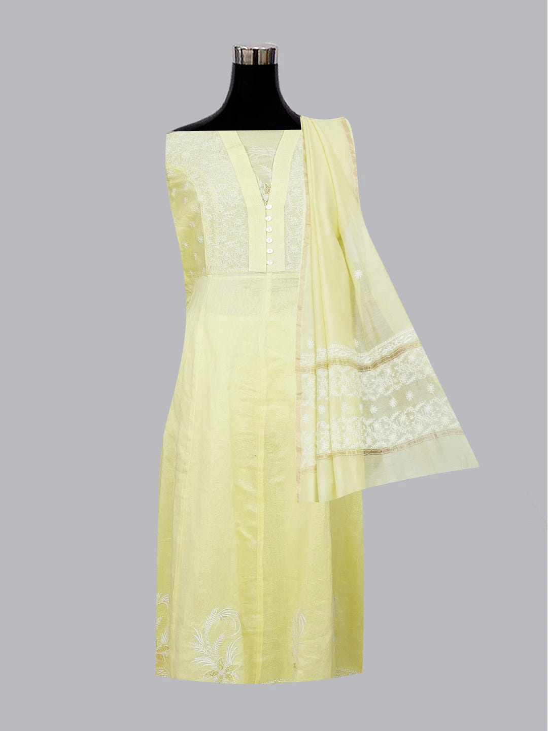 Ada Hand Embroidered Lemon Chanderi Lucknowi Chikankari Semi Stitched Anarkali Kurta Dupatta Set 01A215962